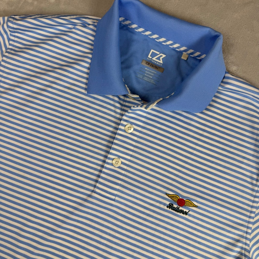 Cutter & Buck CB DryTec Baltusrol Golf Polo Shirt Mens Large Striped Blue